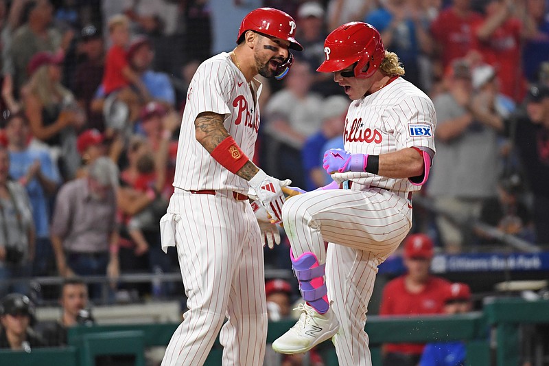 Aug 4, 2025; Philadelphia, Pennsylvania, USA; Philadelphia Phillies outfielder Harrison Bader (2) celebrates with outfielder Nick Castellanos (8) after hitting a 3-run home run during the sixth inning against the Baltimore Orioles at Citizens Bank Park. Mandatory Credit: Eric Hartline-Imagn Images