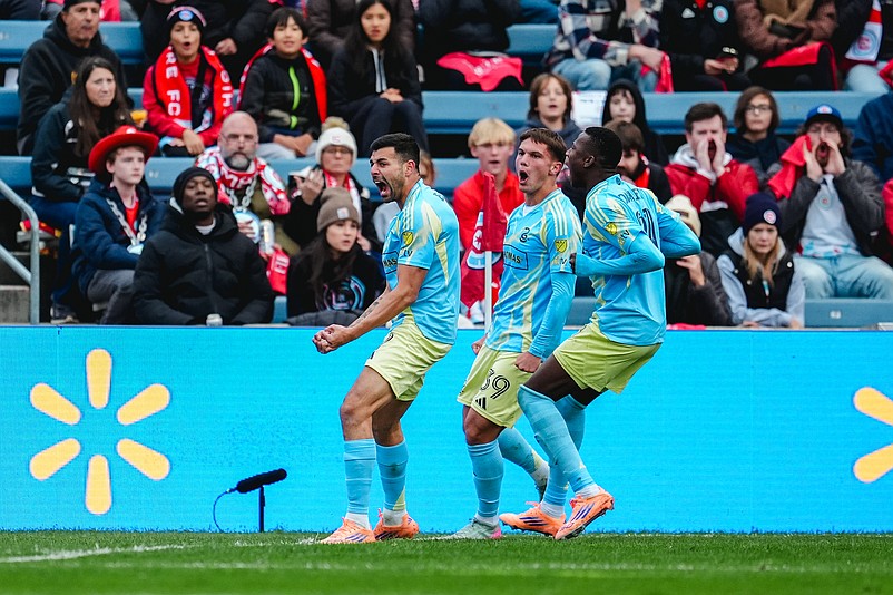 Union players, from left, Tai Baribo, Frankie Westfield and Danley Jean-Jacques celebrate Baribo's goal in the first half against Chicago in Game 2 of their MLS Cup playoff series on Nov. 1.