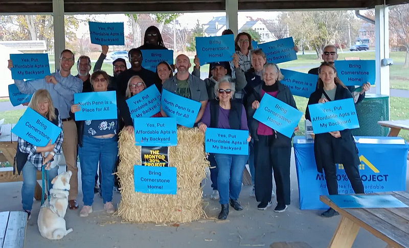 Advocates for a proposed project on Pennbrook Parkway in Upper Gwynedd held a rally at the township’s Parkside Place complex on Saturday, Nov. 8, 2025. (Credit: Montco 30 Percent Project)