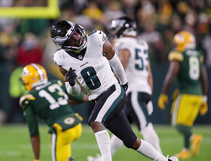 Philadelphia Eagles cornerback Adoree' Jackson reacts after breaking up a pass intended for Green Bay Packers wide receiver Dontayvion Wicks (13) on Monday, November 10, 2025, at Lambeau Field in Green Bay, Wis. The Eagles won the game, 10-7.