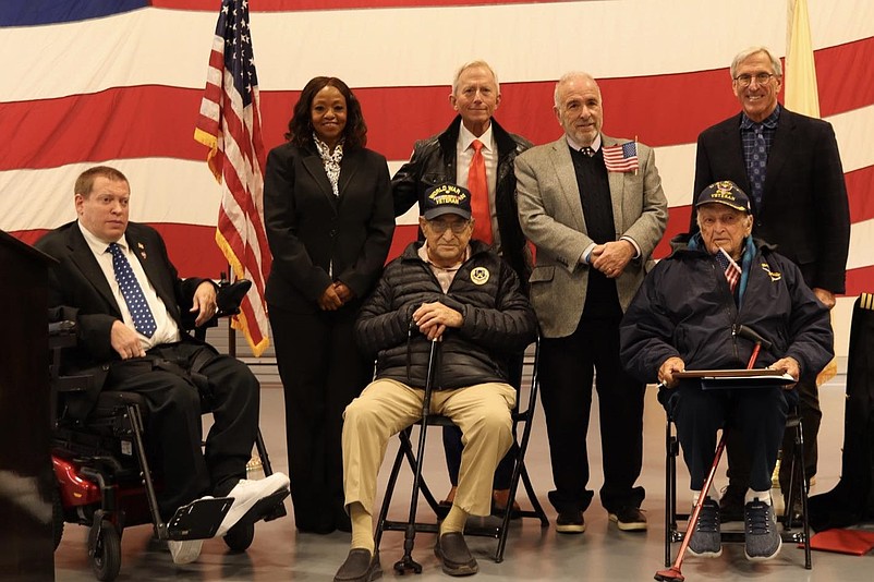 World War II veterans John Finiello Sr. and Russ Stetser are honored by Cape May County officials during the Veterans Day ceremony. (Courtesy of Cape May County)