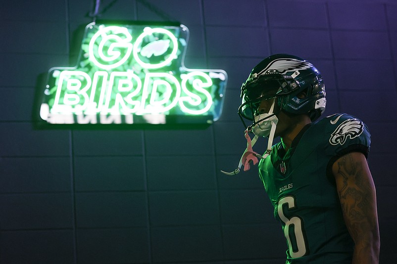 Sep 4, 2025; Philadelphia, Pennsylvania, USA; Philadelphia Eagles wide receiver DeVonta Smith (6) looks on in the tunnel prior to the game against the Dallas Cowboys at Lincoln Financial Field. Mandatory Credit: Bill Streicher-Imagn Images