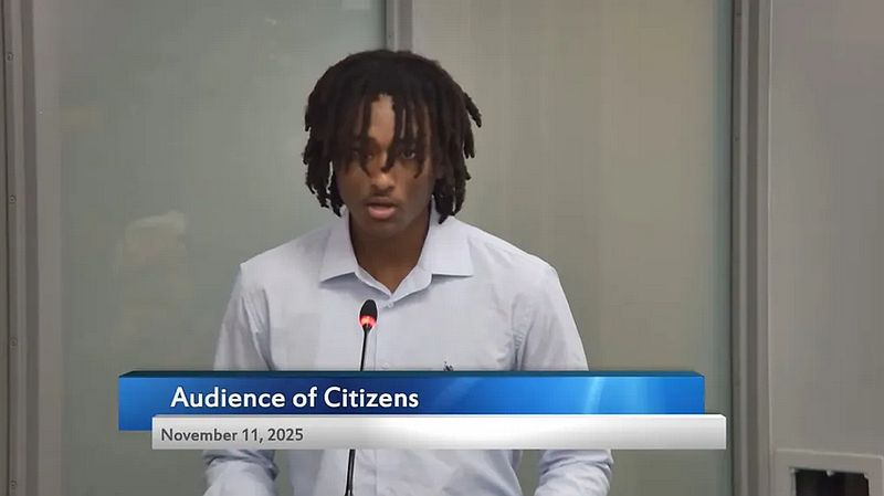 North Penn High School junior Robel Kassahun speaks to the school board about the possibility of establishing a district police department on Tuesday, Nov. 11, 2025. (Screenshot of NPTV video)