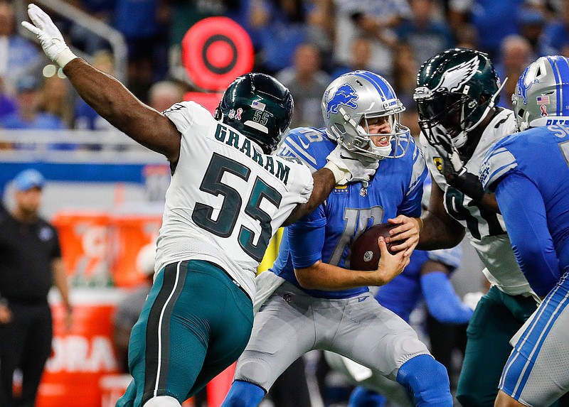 Philadelphia Eagles defensive end Brandon Graham tackles Detroit Lions quarterback Jared Goff during the second half at Ford Field, Sept. 11, 2022...Nfl Philadelphia Eagles At Detroit Lions