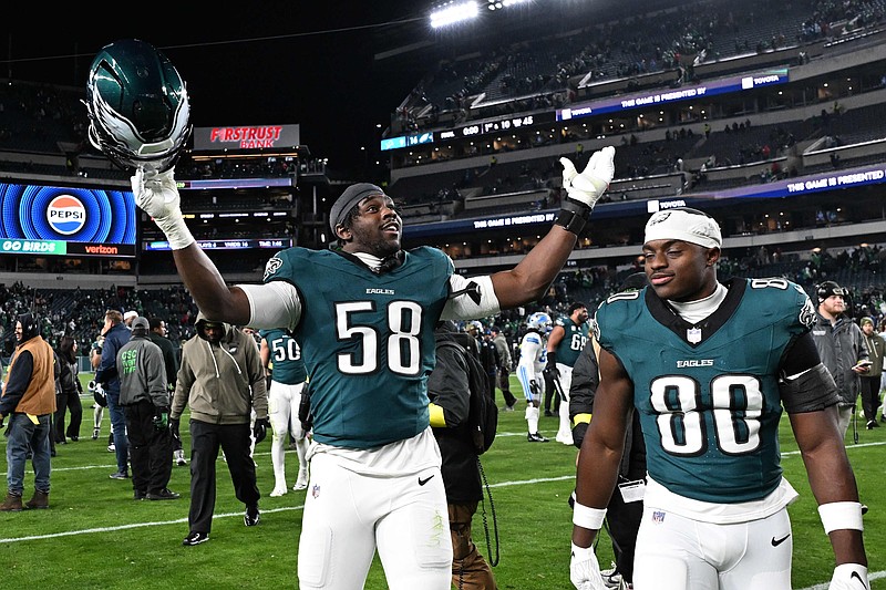 Nov 16, 2025; Philadelphia, Pennsylvania, USA; Philadelphia Eagles linebacker Jalyx Hunt (58) reacts after the game against the Detroit Lions at Lincoln Financial Field. Mandatory Credit: Eric Hartline-Imagn Images
