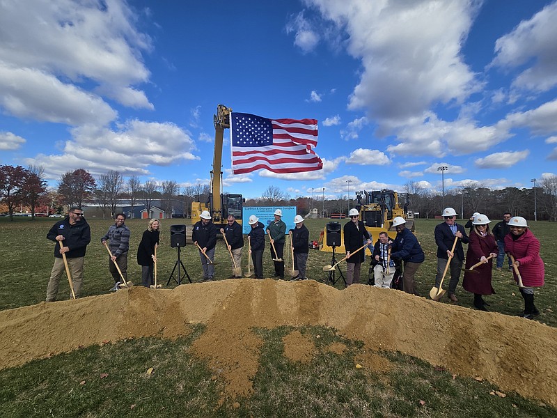 Cape May County and Middle Township officials toss shovelfuls of dirt during the ceremonial groundbreaking at the Clarence and Georgiana Davies Sports Complex. (Photo courtesy of Cape May County)