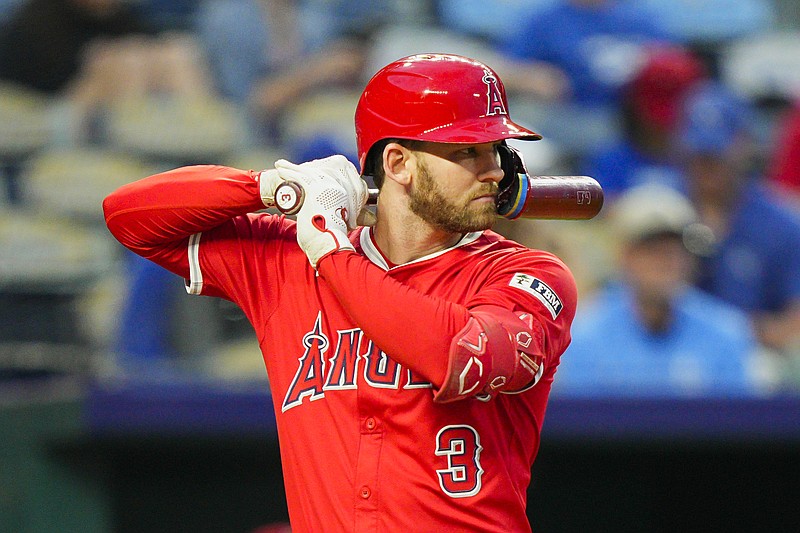 Sep 3, 2025; Kansas City, Missouri, USA; Los Angeles Angels designated hitter Taylor Ward (3) bats during the fourth inning against the Kansas City Royals at Kauffman Stadium. Mandatory Credit: Jay Biggerstaff-Imagn Images