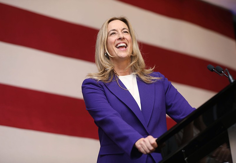Gov.-elect Mikie Sherrill (D) makes her victory speech in front of supporters at the Hilton East Brunswick on Nov. 4, 2025. (Photo by Amanda Brown for New Jersey Monitor)