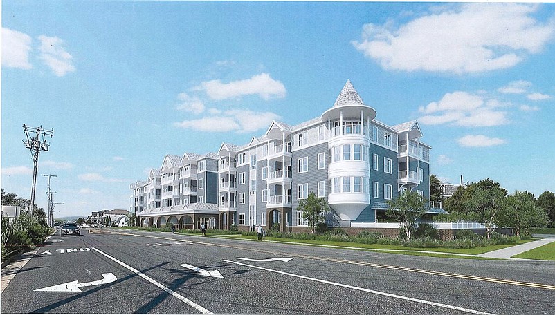 An architectural rendering depicts the proposed 43-unit condominium development overlooking Bay Avenue and 34th Street.