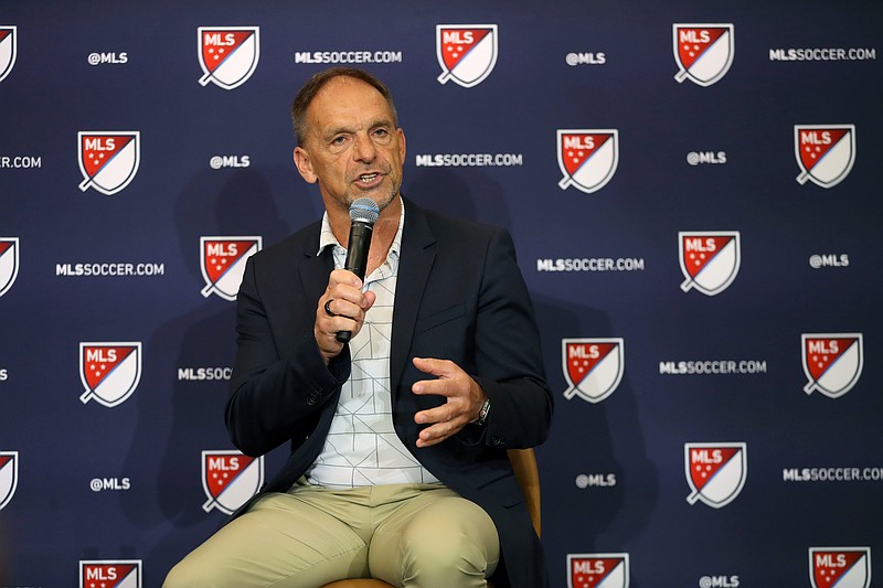 Jul 24, 2024; Columbus, Ohio, USA;  Philadelphia Union sporting director Ernst Tanner speaks to media members about league rule changes at the Hilton Hotel. Mandatory Credit: Joseph Maiorana-USA TODAY Sports