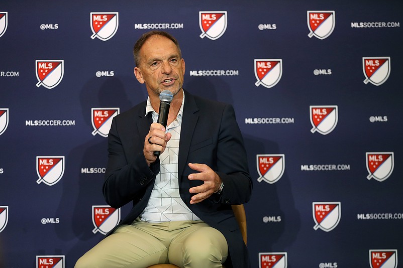 Jul 24, 2024; Columbus, Ohio, USA;  Philadelphia Union sporting director Ernst Tanner speaks to media members about league rule changes at the Hilton Hotel. Mandatory Credit: Joseph Maiorana-USA TODAY Sports