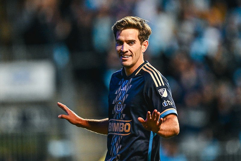 Milan Iloski celebrates his goal in Game 1 of the playoff series against the Chicago Fire on Oct. 26 in Chester.
