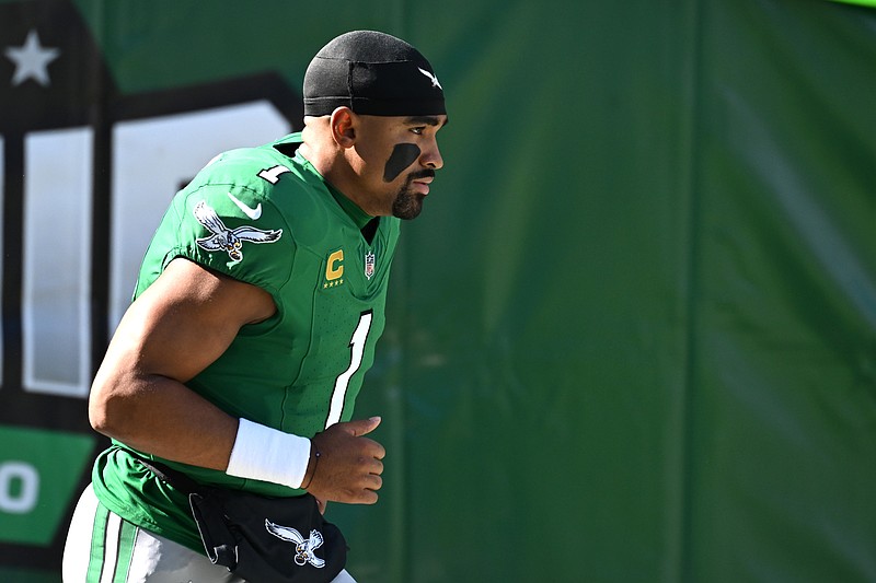 Oct 26, 2025; Philadelphia, Pennsylvania, USA; Philadelphia Eagles quarterback Jalen Hurts (1) against the New York Giants at Lincoln Financial Field. Mandatory Credit: Eric Hartline-Imagn Images