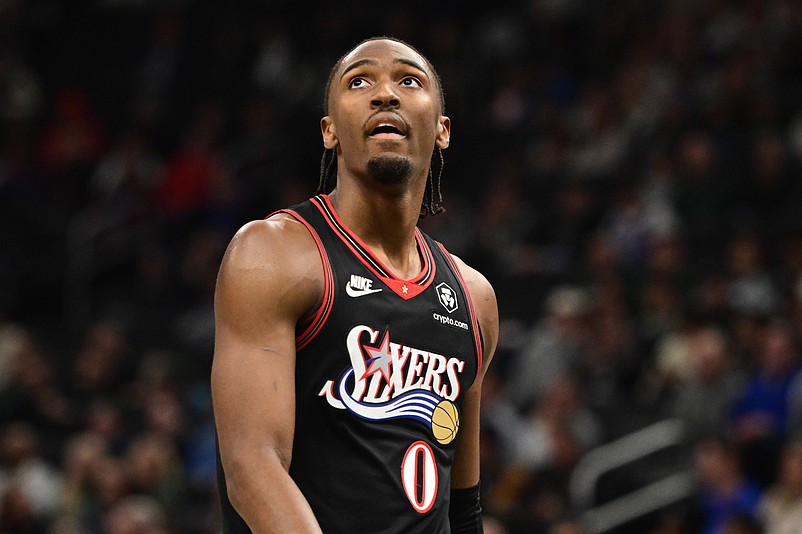 Nov 20, 2025; Milwaukee, Wisconsin, USA; Philadelphia 76ers guard Tyrese Maxey (0) looks on in the second quarter against the Milwaukee Bucks at Fiserv Forum. Mandatory Credit: Benny Sieu-Imagn Images