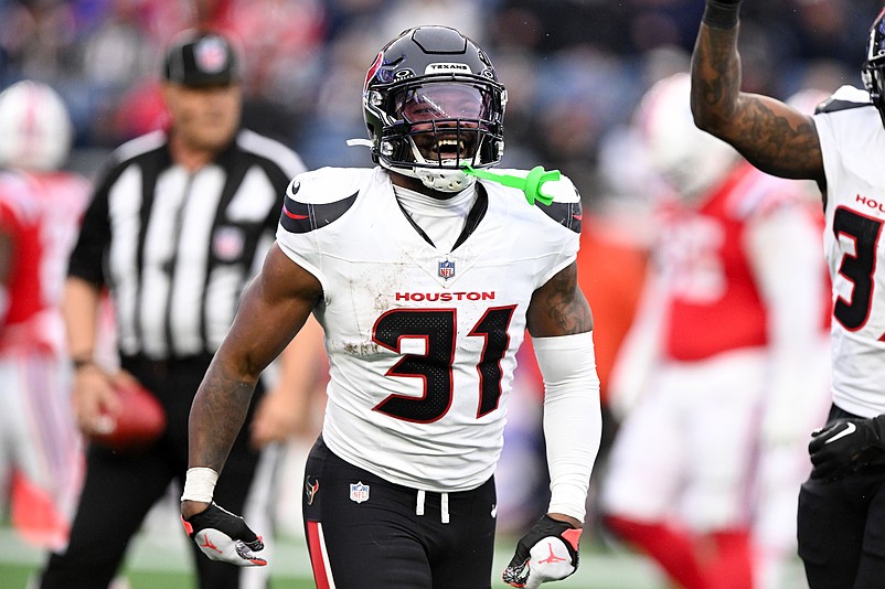 Oct 13, 2024; Foxborough, Massachusetts, USA; Houston Texans running back Dameon Pierce (31) reacts after scoring a touchdown against the New England Patriots during the second half at Gillette Stadium. Mandatory Credit: Brian Fluharty-Imagn Images