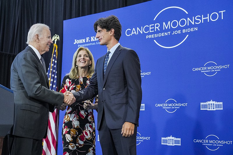 President Joe Biden greets Ambassador Caroline Kennedy and her son John "Jack" Schlossberg after delivering remarks on the Cancer Moonshot, Monday, September 12, 2022, at the John F. Kennedy Presidential Library and Museum in Boston. (Official White House Photo by Adam Schultz)