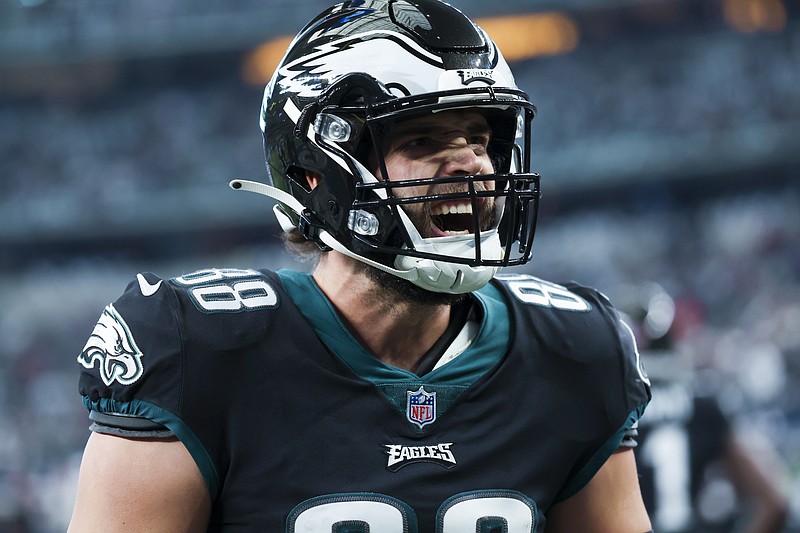 Dec 24, 2022; Arlington, Texas, USA;  Philadelphia Eagles tight end Dallas Goedert (88) reacts before the game against the Dallas Cowboys at AT&T Stadium. Mandatory Credit: Kevin Jairaj-USA TODAY Sports
