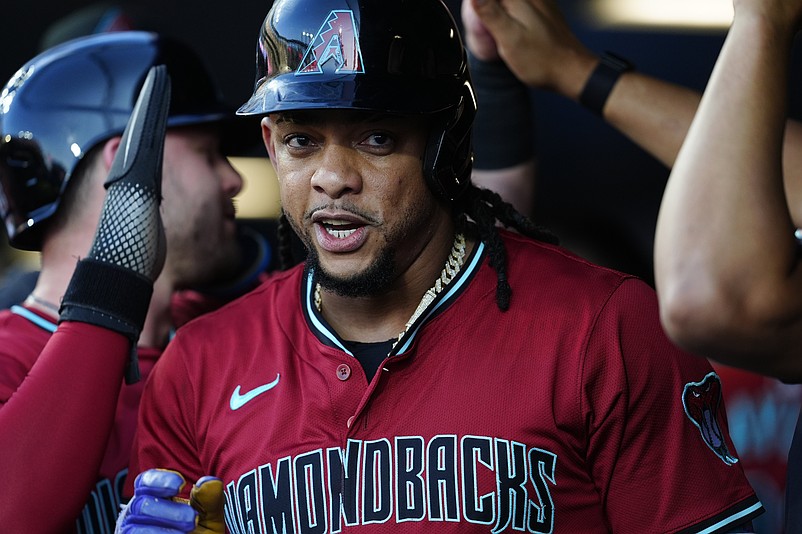 Jun 20, 2025; Denver, Colorado, USA; Arizona Diamondbacks designated hitter Ketel Marte (4) celebrates his three run home run in the fourth inning against the Colorado Rockies at Coors Field. Mandatory Credit: Ron Chenoy-Imagn Images
