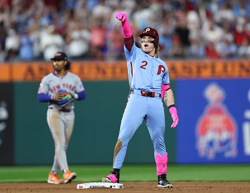 Sep 11, 2025; Philadelphia, Pennsylvania, USA; Philadelphia Phillies outfielder Harrison Bader (2) reacts after his double against the New York Mets during the first inning at Citizens Bank Park. Mandatory Credit: Bill Streicher-Imagn Images