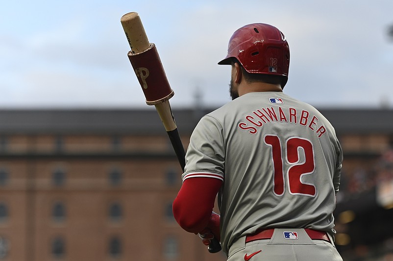 Jun 14, 2024; Baltimore, Maryland, USA; Philadelphia Phillies designated hitter Kyle Schwarber (12) stands on the field before a first inning at-bat against the Baltimore Orioles  at Oriole Park at Camden Yards. Mandatory Credit: Tommy Gilligan-USA TODAY Sports