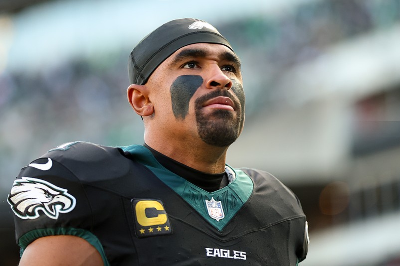 Nov 28, 2025; Philadelphia, Pennsylvania, USA; Philadelphia Eagles quarterback Jalen Hurts (1) looks on prior to the game against the Chicago Bears at Lincoln Financial Field. Mandatory Credit: Bill Streicher-Imagn Images