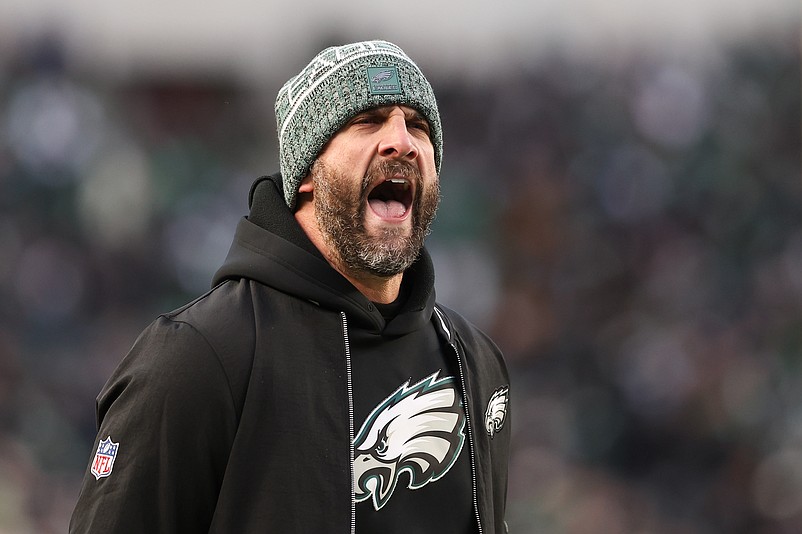 Nov 28, 2025; Philadelphia, Pennsylvania, USA; Philadelphia Eagles head coach Nick Sirianni reacts during the second quarter of the game against the Chicago Bears at Lincoln Financial Field. Mandatory Credit: Bill Streicher-Imagn Images