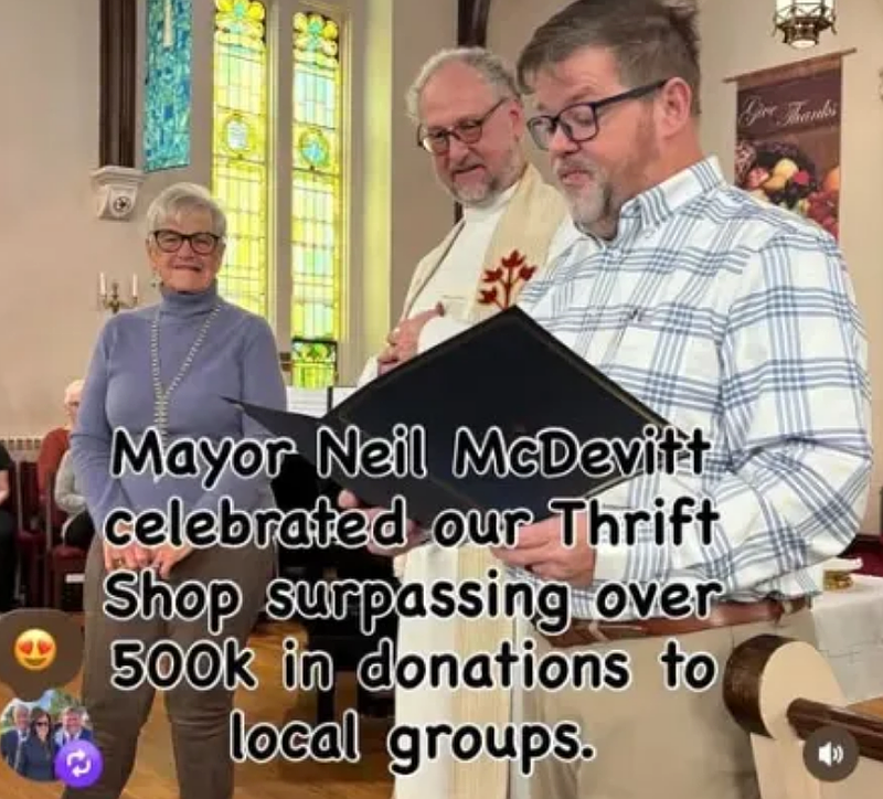 North Wales Mayor Neil McDevitt reads a proclamation honoring St. Peter’s Evangelical Lutheran Church for donating over half a million dollars to their community via the church thrift shop. (Photo via Instagram: @stpetersnwales)