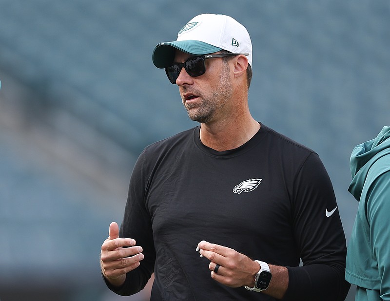 Aug 7, 2025; Philadelphia, Pennsylvania, USA; Philadelphia Eagles offensive coordinator Kevin Patullo before a game against the Cincinnati Bengals at Lincoln Financial Field. Mandatory Credit: Bill Streicher-Imagn Images