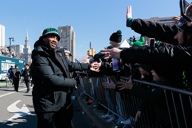Feb 14, 2025; Philadelphia, PA, USA; Philadelphia Eagles cornerback Darius Slay Jr. (2) celebrates with fans during the Super Bowl LIX championship parade and rally. Mandatory Credit: Caean Couto-Imagn Images