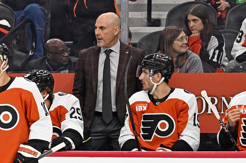 Oct 16, 2025; Philadelphia, Pennsylvania, USA; Philadelphia Flyers head coach Rick Tocchet behind the bench against the Winnipeg Jets at Wells Fargo Center. Mandatory Credit: Eric Hartline-Imagn Images