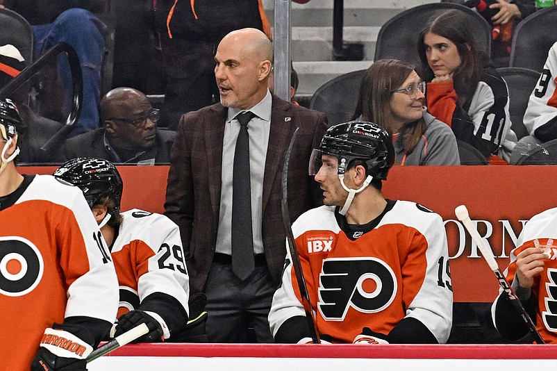 Oct 16, 2025; Philadelphia, Pennsylvania, USA; Philadelphia Flyers head coach Rick Tocchet behind the bench against the Winnipeg Jets at Wells Fargo Center. Mandatory Credit: Eric Hartline-Imagn Images