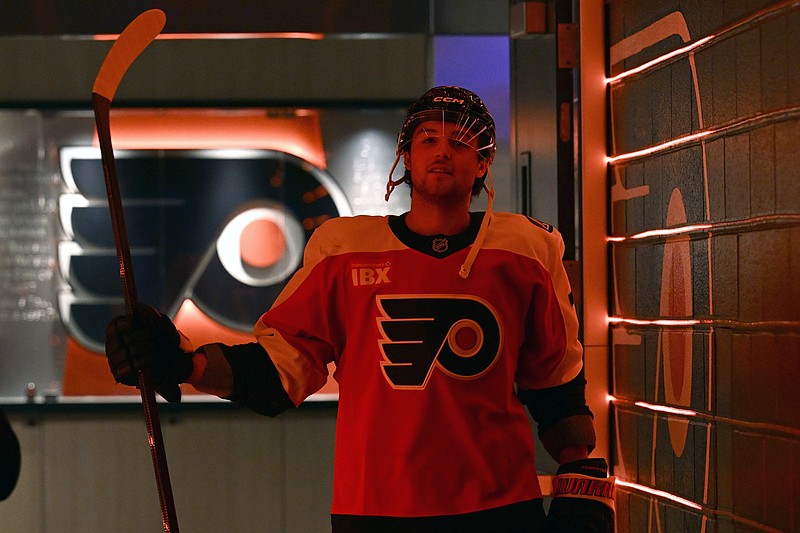 Nov 12, 2025; Philadelphia, Pennsylvania, USA; Philadelphia Flyers right wing Tyson Foerster (71) in the tunnel before warmups against the Edmonton Oilers at Xfinity Mobile Arena. Mandatory Credit: Eric Hartline-Imagn Images