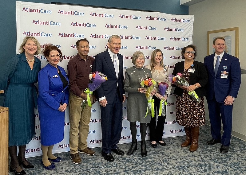 From left, Glen Ann Stoll (AtlantiCare), Donna DiCaprio (Local 54), Ketan Parmar’s Uncle (scholarship recipient), Hon. Bill Gormley, Ginny Gormley, Beth Ann Bates and Tina Baez (scholarship recipients), Michael Charlton (AtlantiCare).