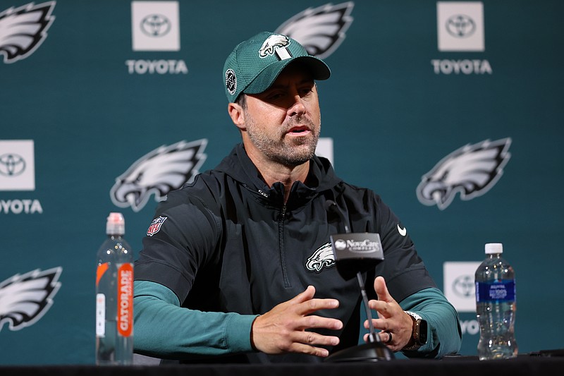 May 28, 2025; Philadelphia, PA, USA;  Philadelphia Eagles offensive coordinator Kevin Patullo speaks with the media at NovaCare Complex. Mandatory Credit: Bill Streicher-Imagn Images