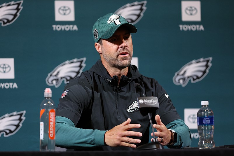 May 28, 2025; Philadelphia, PA, USA;  Philadelphia Eagles offensive coordinator Kevin Patullo speaks with the media at NovaCare Complex. Mandatory Credit: Bill Streicher-Imagn Images