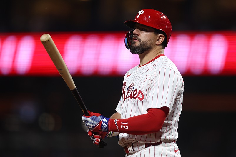 Sep 27, 2025; Philadelphia, Pennsylvania, USA; Philadelphia Phillies outfielder Kyle Schwarber (12) prepares to bat during the eighth inning against the Minnesota Twins at Citizens Bank Park. Mandatory Credit: Bill Streicher-Imagn Images