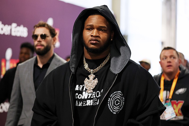 Feb 9, 2025; New Orleans, LA, USA; Philadelphia Eagles defensive tackle Jalen Carter (98) arrives before Super Bowl LIX at Caesars Superdome. Mandatory Credit: Stephen Lew-Imagn Images