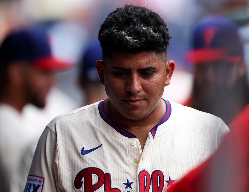 Aug 6, 2025; Philadelphia, Pennsylvania, USA; Philadelphia Phillies pitcher Ranger Su‡rez (55) in the dugout during a game against the Baltimore Orioles at Citizens Bank Park. Mandatory Credit: Bill Streicher-Imagn Images