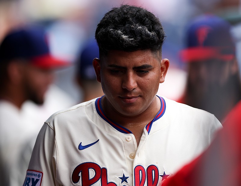 Aug 6, 2025; Philadelphia, Pennsylvania, USA; Philadelphia Phillies pitcher Ranger Su‡rez (55) in the dugout during a game against the Baltimore Orioles at Citizens Bank Park. Mandatory Credit: Bill Streicher-Imagn Images