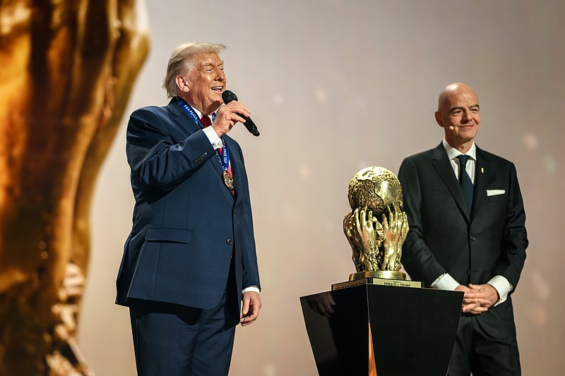 President Donald Trump delivers remarks after accepting the inaugural FIFA Peace Prize from FIFA President Gianni Infantino, Friday, December 5, 2025, during the FIFA World Cup drawing at the John F. Kennedy Center for the Performing Arts in Washington, D.C. (Official White House Photo by Daniel Torok)