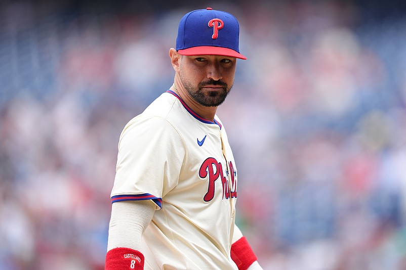 Apr 19, 2025; Philadelphia, Pennsylvania, USA; Philadelphia Phillies outfielder Nick Castellanos (8) looks on before the game against the Miami Marlins at Citizens Bank Park. Mandatory Credit: Kyle Ross-Imagn Images