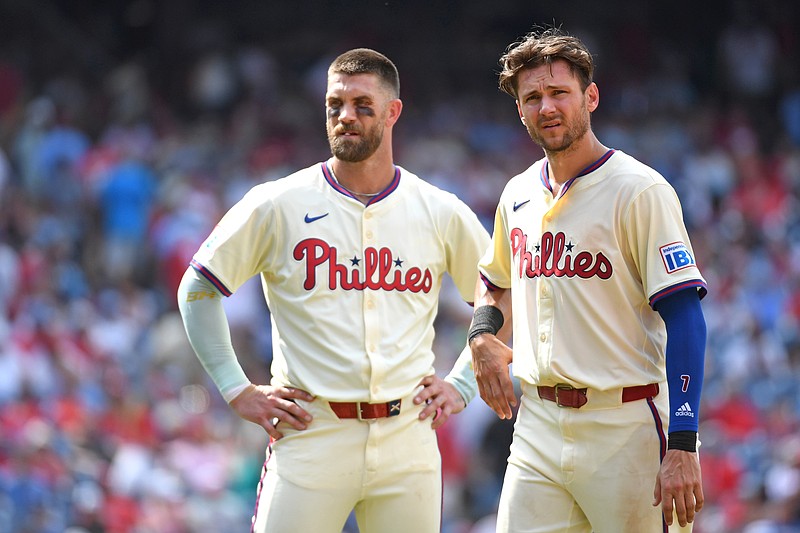Jul 20, 2025; Philadelphia, Pennsylvania, USA; Philadelphia Phillies first base Bryce Harper (3) and  shortstop Trea Turner (7) against the Los Angeles Angels at Citizens Bank Park. Mandatory Credit: Eric Hartline-Imagn Images