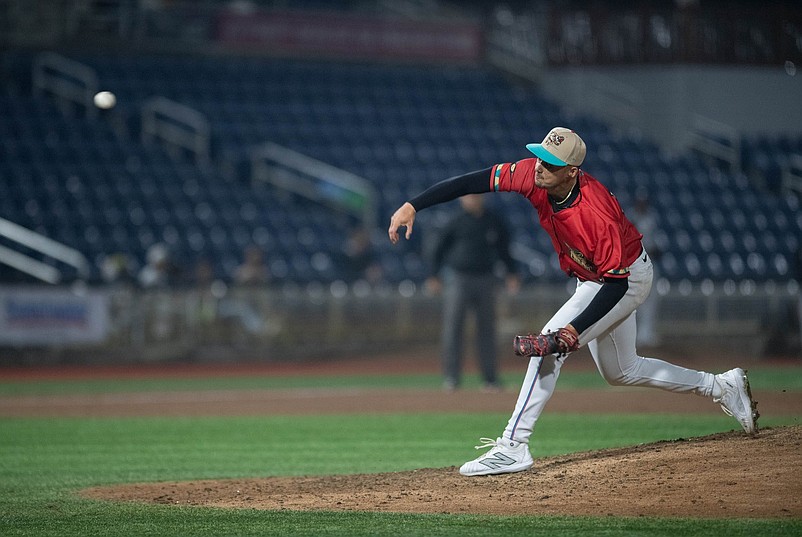 Zach McCambley (31) pitches during the Monterrey Sultanes vs Pensacola Blue Wahoos (wearing Pok-Ta-Pok uniforms) exhibition baseball game at Blue Wahoos Stadium in Pensacola on Tuesday, April, 2, 2024. Pok-Ta-Pok was a Mesoamerican game played in the 16th century.