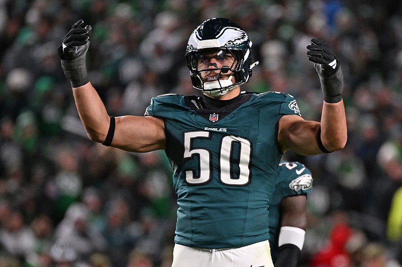 Nov 16, 2025; Philadelphia, Pennsylvania, USA; Philadelphia Eagles linebacker Jaelan Phillips (50) against the Detroit Lions at Lincoln Financial Field. Mandatory Credit: Eric Hartline-Imagn Images