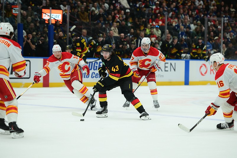 Nov 23, 2025; Vancouver, British Columbia, CAN;  Vancouver Canucks defenseman Quinn Hughes (43) skates with the puck a- Calgary Flames during the third period at Rogers Arena. Mandatory Credit: Simon Fearn-Imagn Images