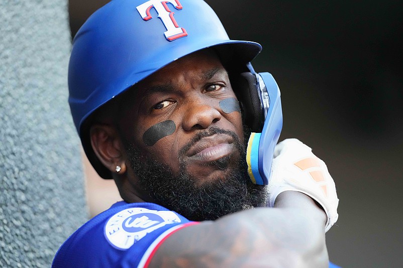 Jun 27, 2024; Baltimore, Maryland, USA; Texas Rangers outfielder Adolis Garcia (53) awaits his first at-bat in the first inning against the Baltimore Orioles at Oriole Park at Camden Yards. Mandatory Credit: Mitch Stringer-USA TODAY Sports