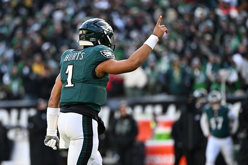 Dec 14, 2025; Philadelphia, Pennsylvania, USA; Philadelphia Eagles quarterback Jalen Hurts (1) reacts during the third quarter against the Las Vegas Raiders at Lincoln Financial Field. Mandatory Credit: Eric Hartline-Imagn Images