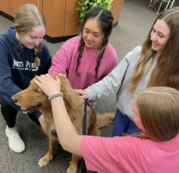 North Penn School District students pose with Mario, a canine member of the district’s Traumatic Event Response Team. (Photo courtesy of North Penn School District)