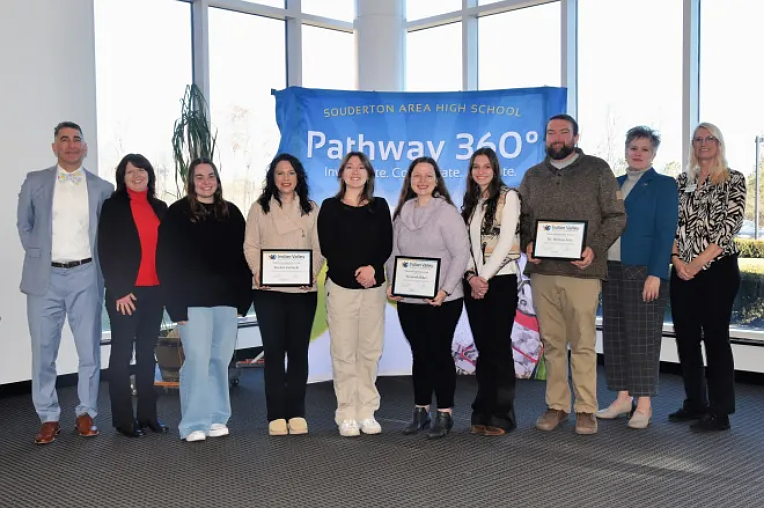Pictured (L-R): Dr. Sam Varano, SAHS Principal; Amy Tarlo, Mentorship Coordinator; Amy Brown and mentor Rachel Zablocki; Seila Grimes and mentor Savannah Baker; Olivia Yoder and mentor Dr. William Fritz; Sarah Bergin, Rotary President; Chris Stanley, Indian Valley Chamber Office Manager (Courtesy of the Indian Valley Chamber of Commerce)