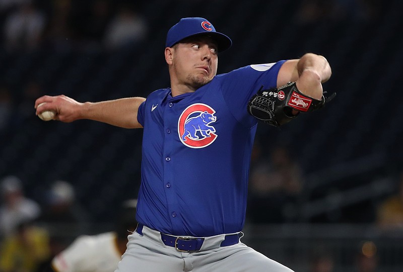 Apr 30, 2025; Pittsburgh, Pennsylvania, USA;  Chicago Cubs relief pitcher Brad Keller (40) pitches against the Pittsburgh Pirates during the sixth inning at PNC Park. Mandatory Credit: Charles LeClaire-Imagn Images